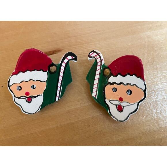 Vintage Hand Painted Santa Claus Christmas Earrings! Candy canes/tree.Front&back - Picture 1 of 3